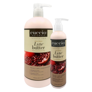 Cuccio Lyte Butter Grenade & Fig

Les Cuccio Lyte offrent un traitement hydratant avec une texture légère pour une peau douce et soyeuse, sans effet huileux.
Bouteille de 8oz ou de 32oz avec pompe facilitant l'application.